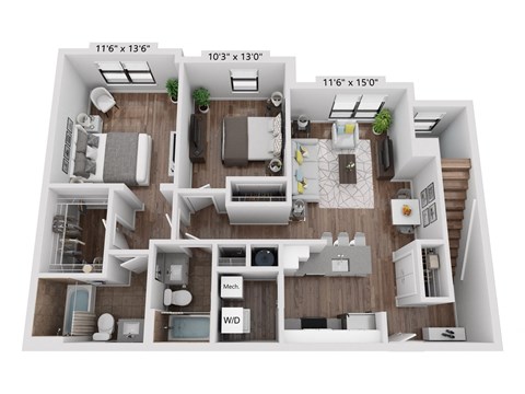 Floor plan for 2 beds, 2 baths, 1036 sqft